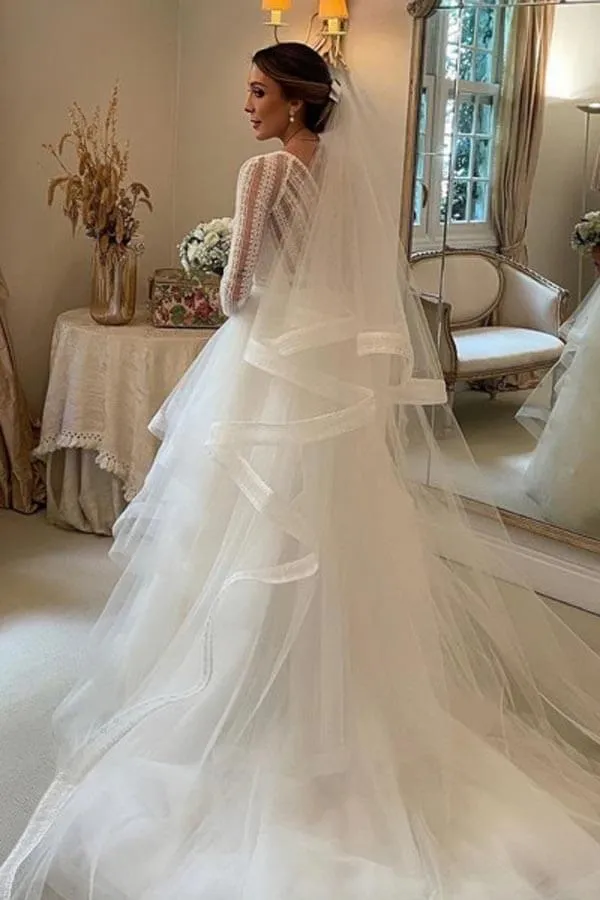 Layered Tulle Ball Gown Lace V-neck Long Sleeves Wedding Dresses, MW985
