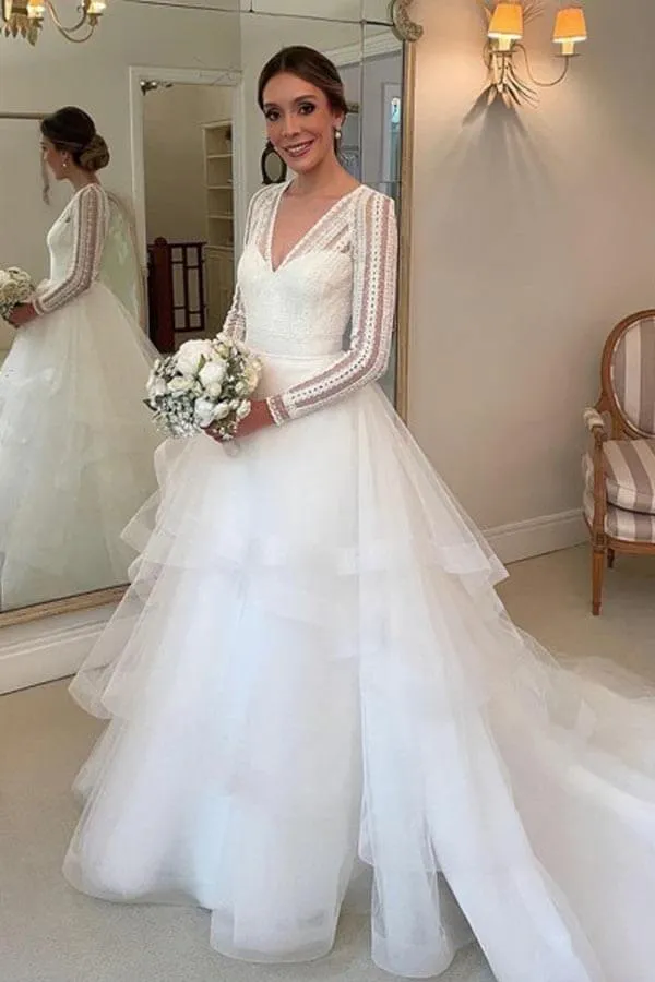 Layered Tulle Ball Gown Lace V-neck Long Sleeves Wedding Dresses, MW985