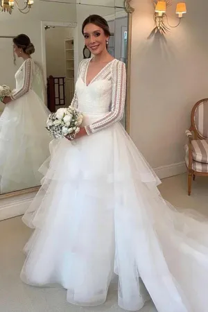 Layered Tulle Ball Gown Lace V-neck Long Sleeves Wedding Dresses, MW985