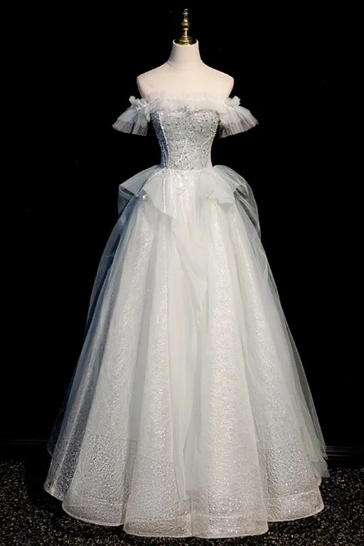 Light Blue Off the Shoulder A-line Long Formal Dress