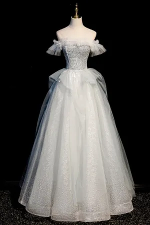 Light Blue Off the Shoulder A-line Long Formal Dress