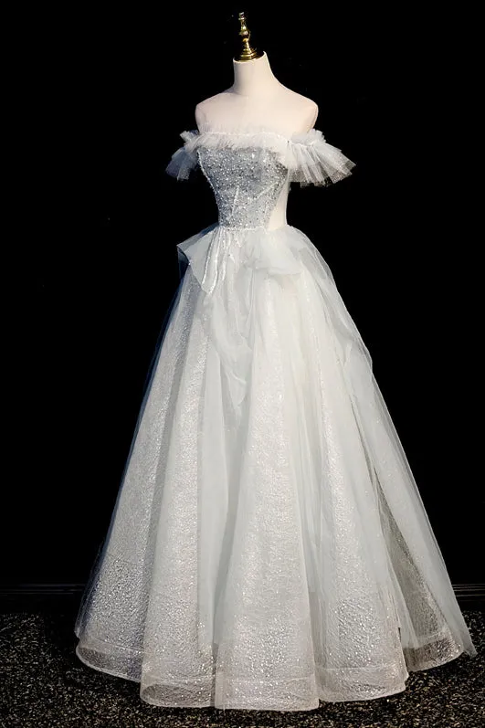 Light Blue Off the Shoulder A-line Long Formal Dress