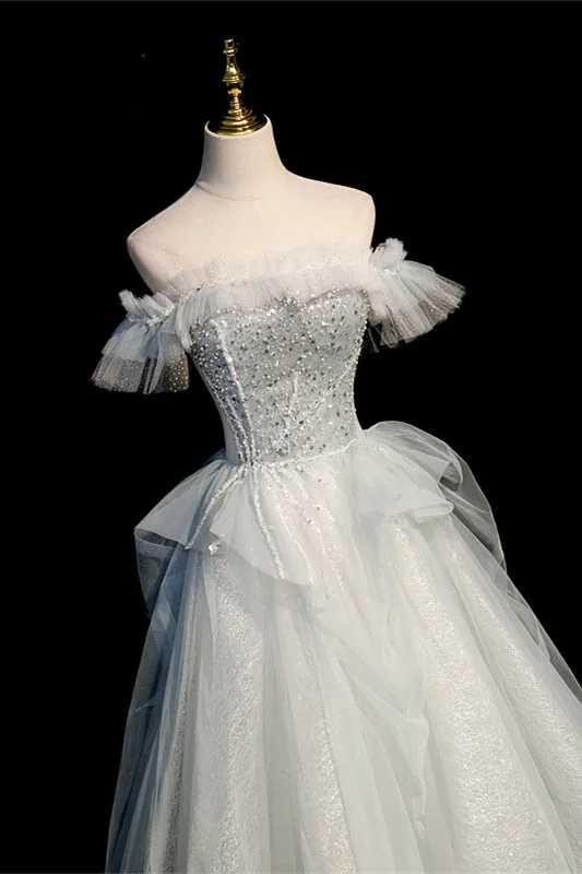 Light Blue Off the Shoulder A-line Long Formal Dress