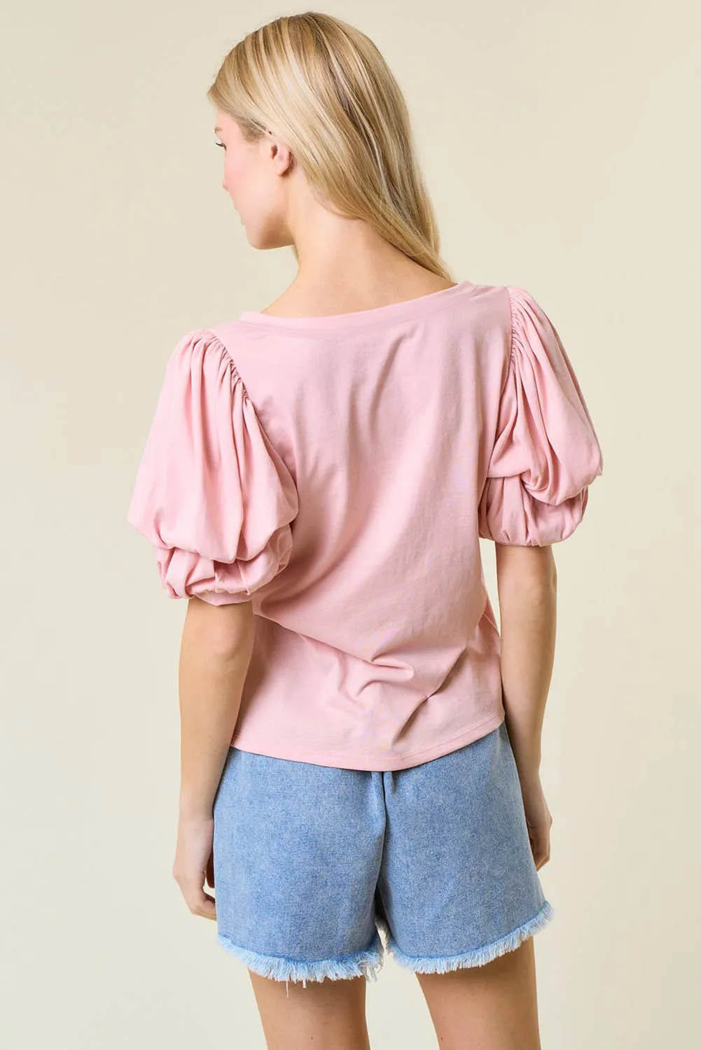 Light Pink Scoop Neck Bubble Sleeve Tee