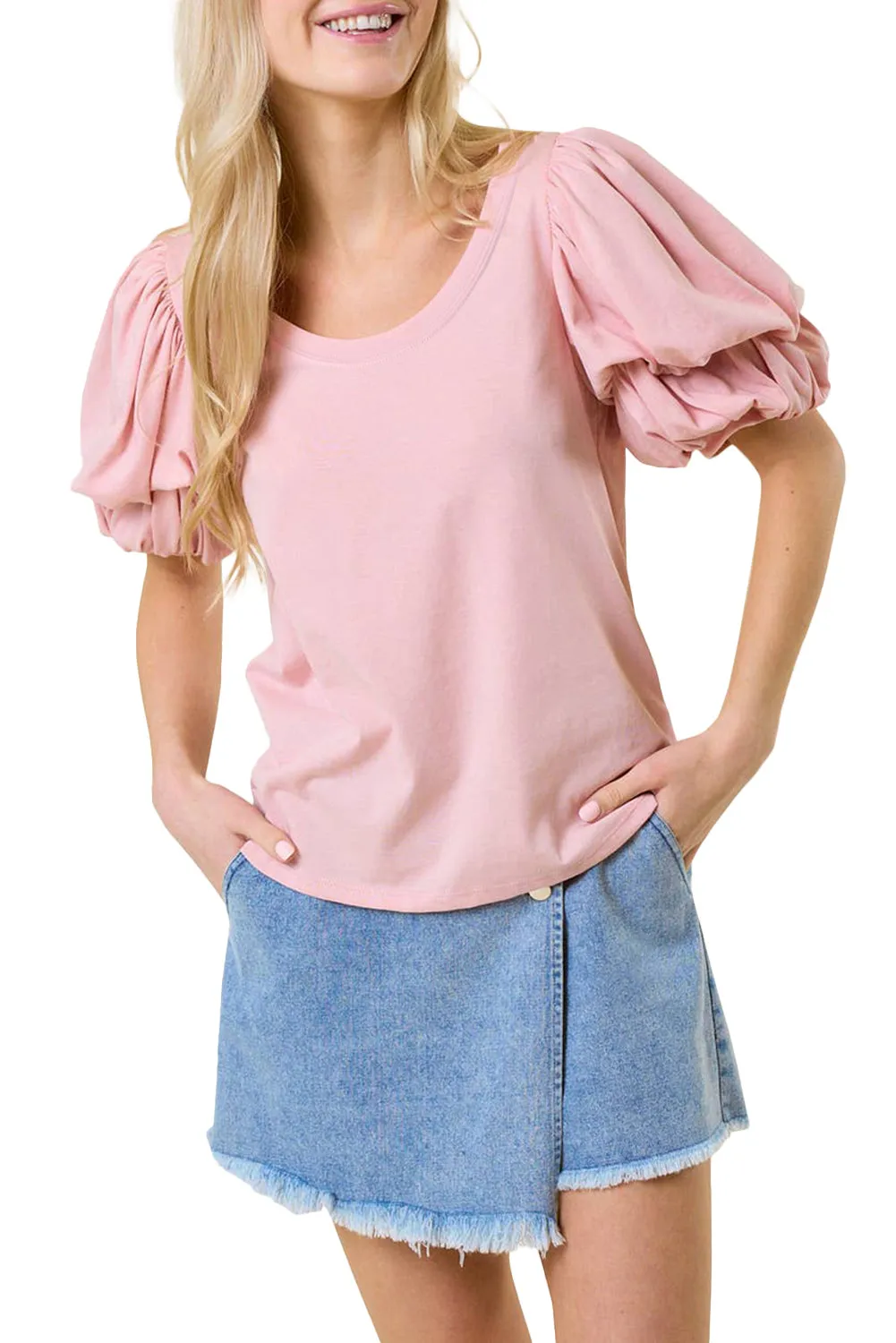 Light Pink Scoop Neck Bubble Sleeve Tee