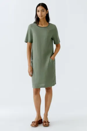 Linen and jersey dress in moss green