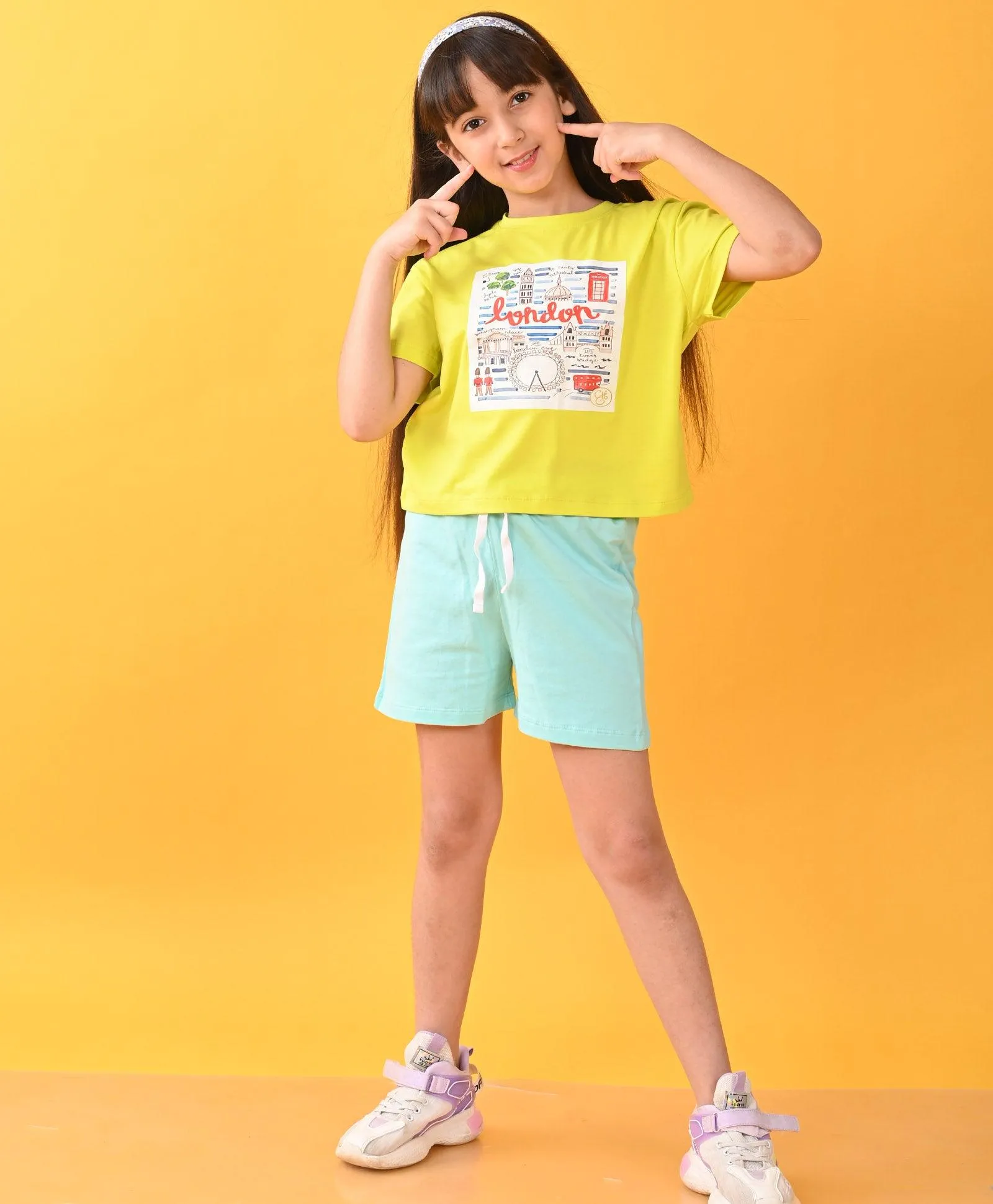LONDON LIME AQUA GIRLS SUMMER SHORTS SET - LIME/AQUA