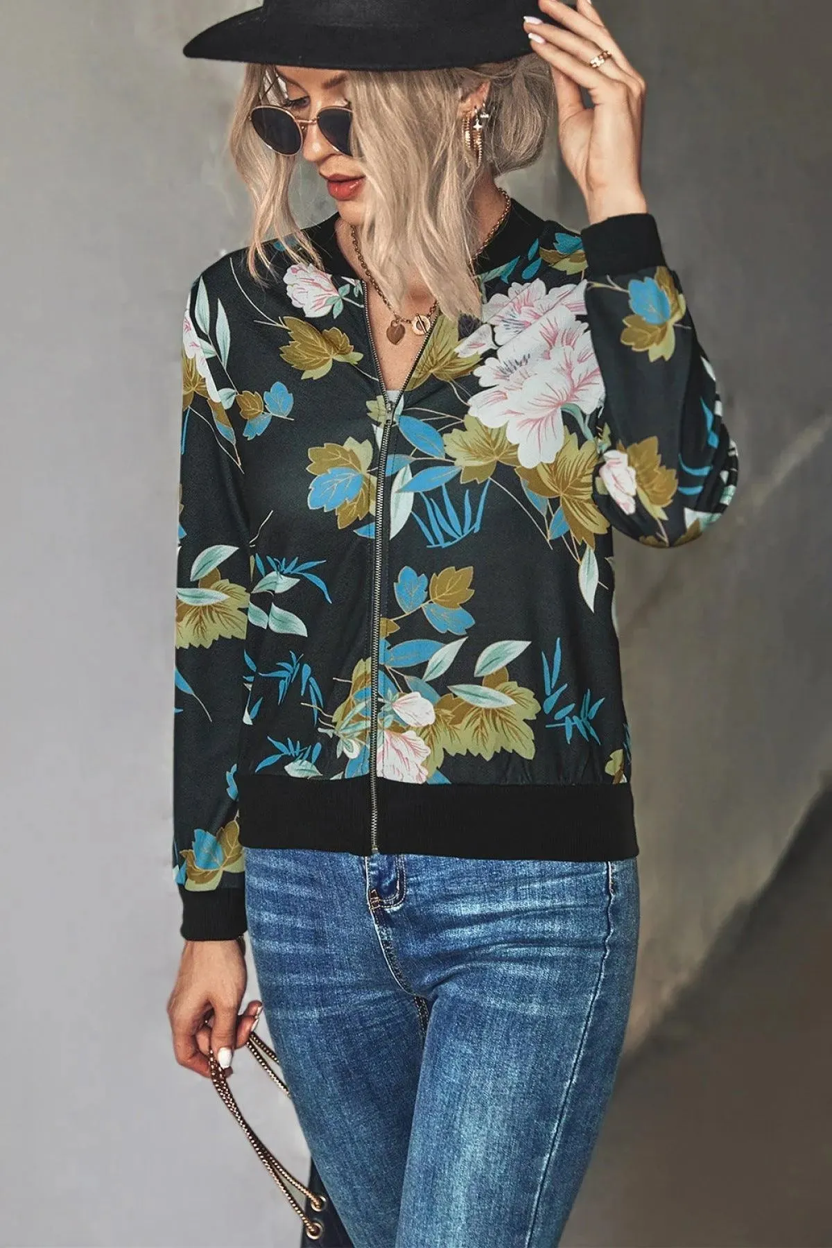 Long-Sleeve Floral Zipper Jacket for Women
