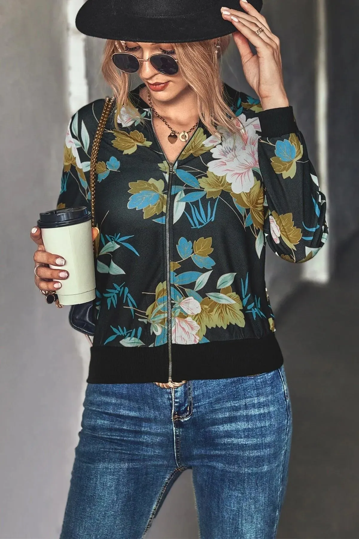 Long-Sleeve Floral Zipper Jacket for Women