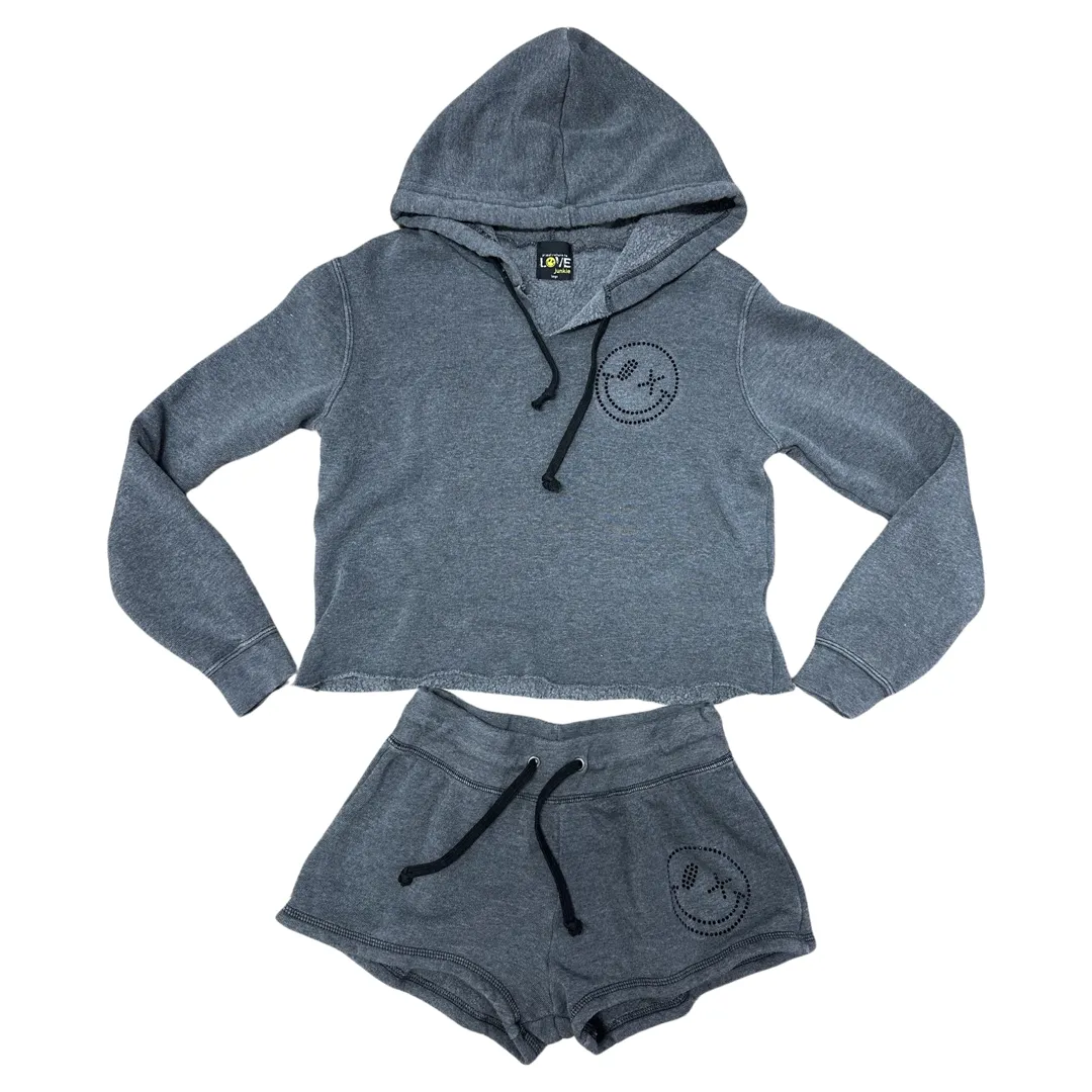 Love Junkie Rhinestone Smiley Crop Hoodie - Charcoal