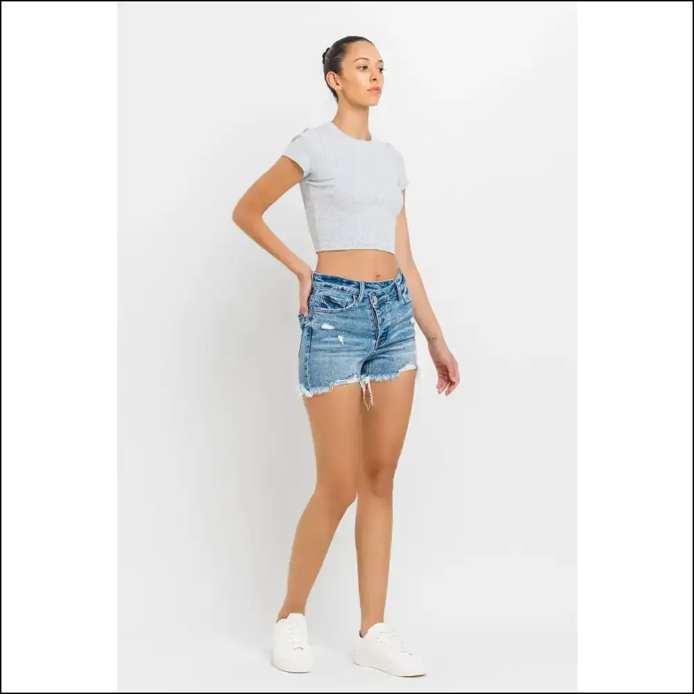 Lovervet Chic Stepped Waist Raw Hem Denim Shorts