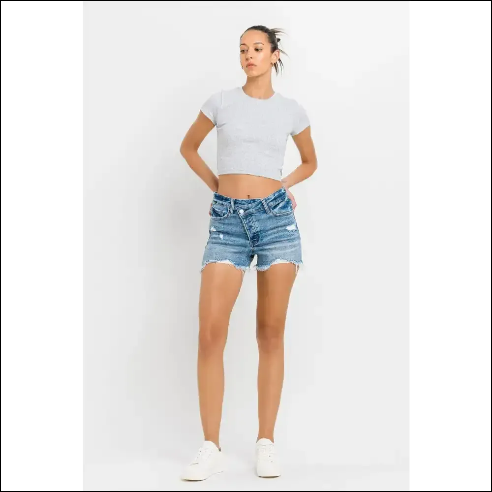 Lovervet Chic Stepped Waist Raw Hem Denim Shorts