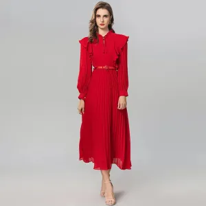 Luca Lace-up Stand Collar Lantern Sleeve Sashes Vintage Pleated Dress