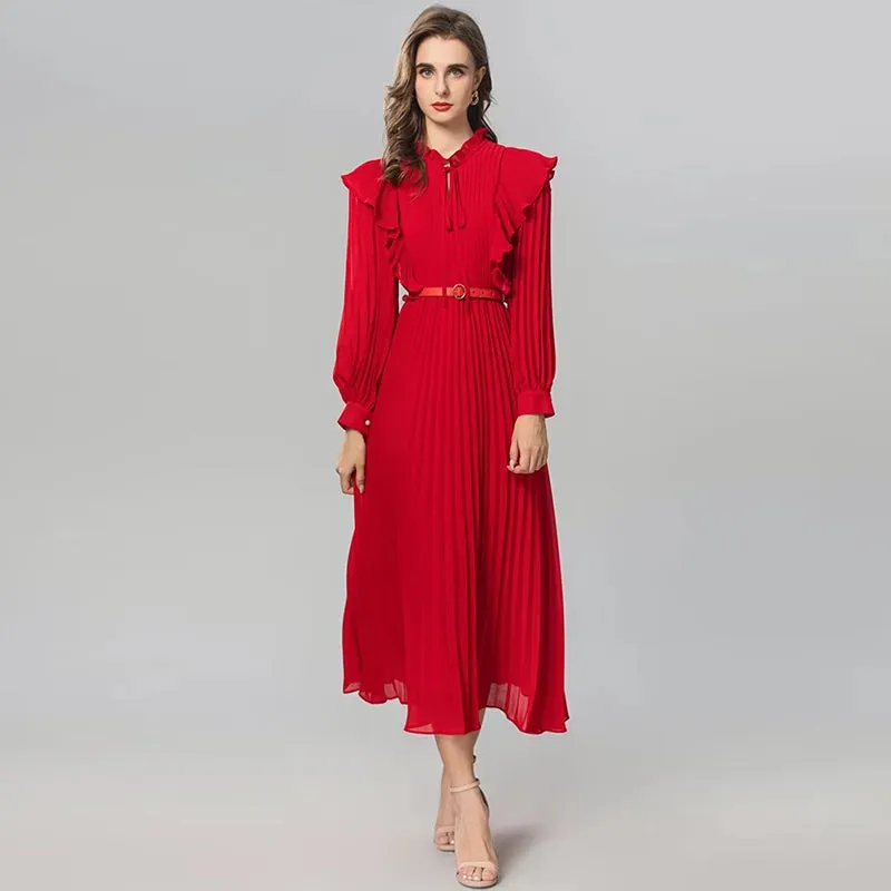Luca Lace-up Stand Collar Lantern Sleeve Sashes Vintage Pleated Dress