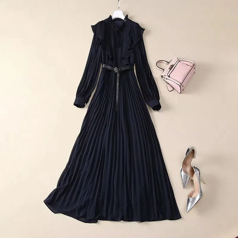 Luca Lace-up Stand Collar Lantern Sleeve Sashes Vintage Pleated Dress