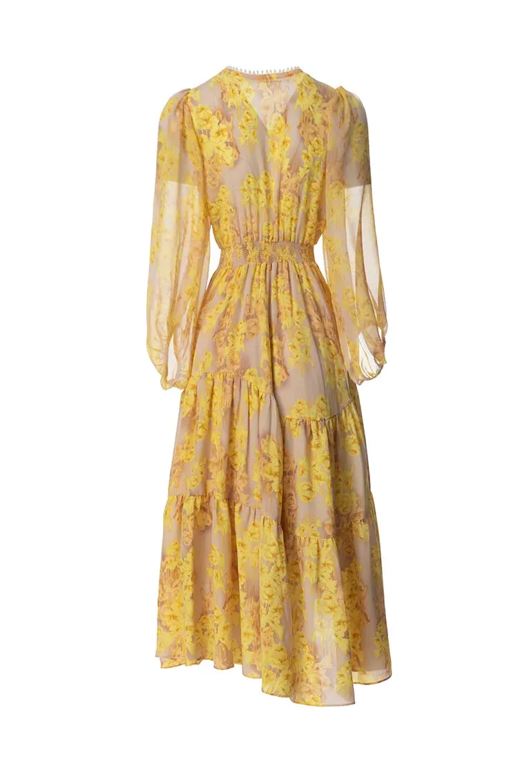 Lylah Vintage  Floral Print Midi Dress Women V Neck Beading Elastic Waist Irregular Ruffles Hem Dress