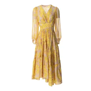Lylah Vintage  Floral Print Midi Dress Women V Neck Beading Elastic Waist Irregular Ruffles Hem Dress