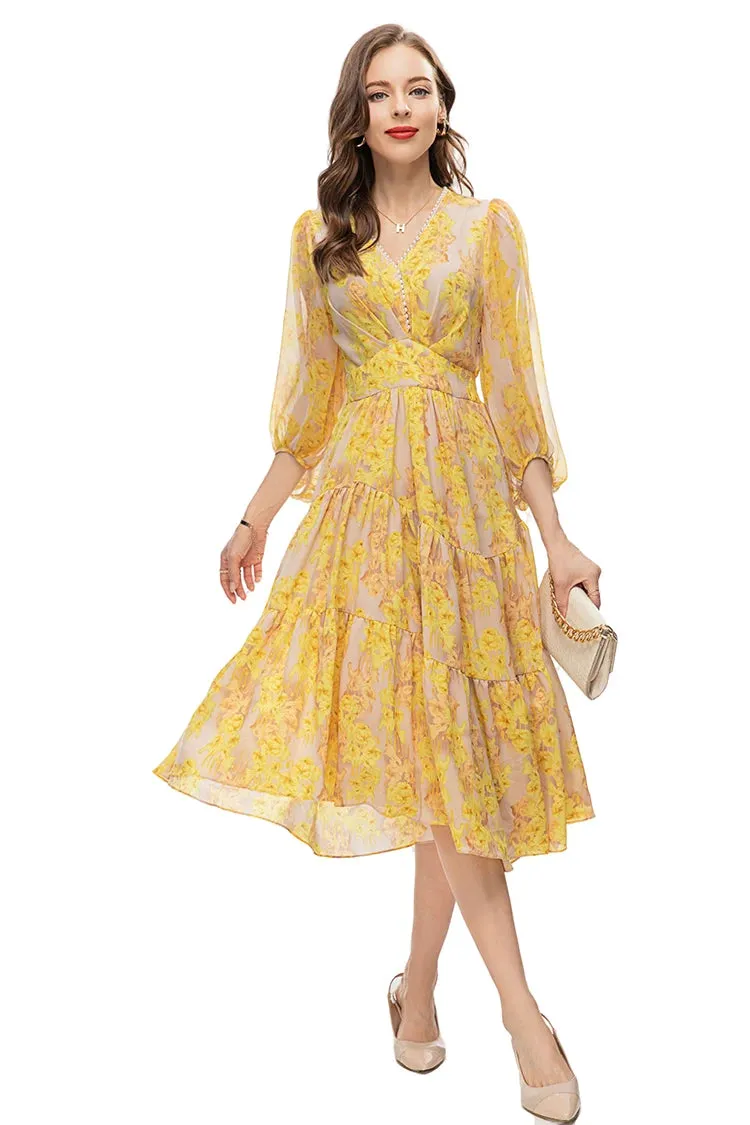 Lylah Vintage  Floral Print Midi Dress Women V Neck Beading Elastic Waist Irregular Ruffles Hem Dress