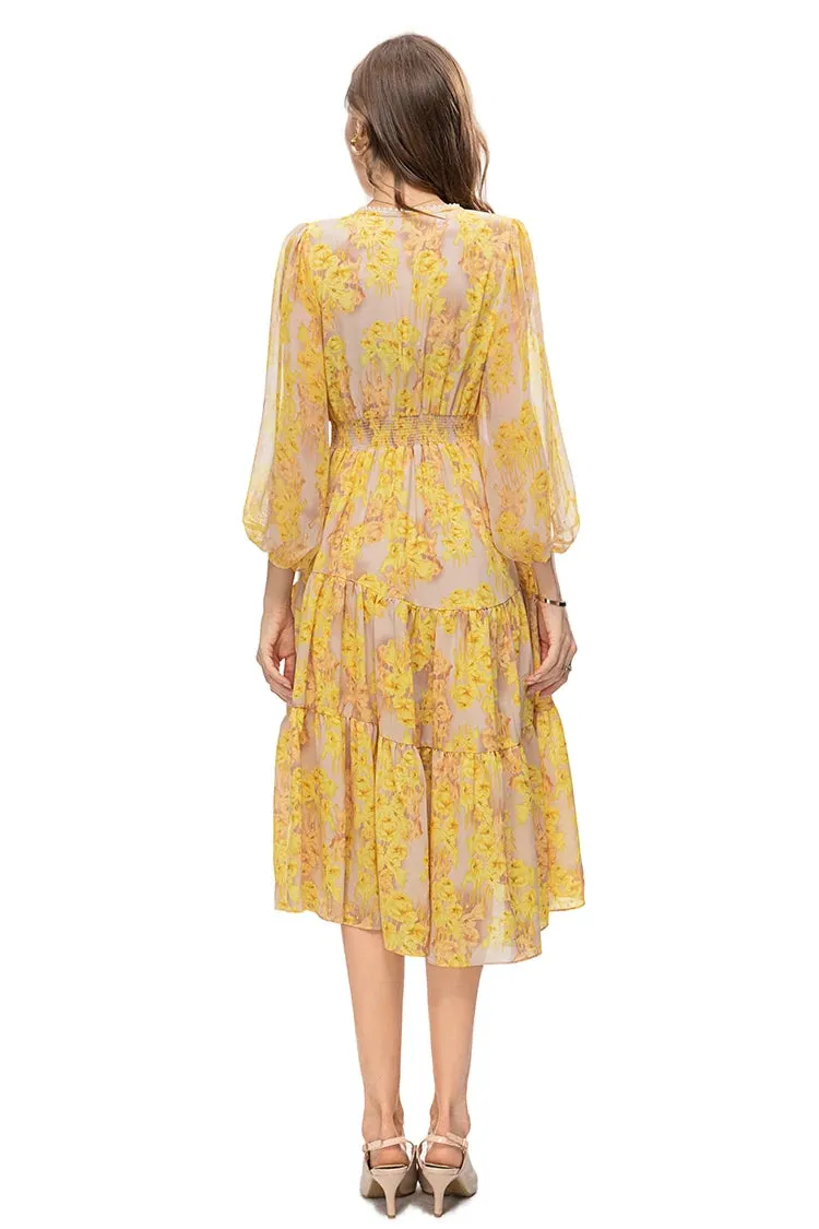 Lylah Vintage  Floral Print Midi Dress Women V Neck Beading Elastic Waist Irregular Ruffles Hem Dress