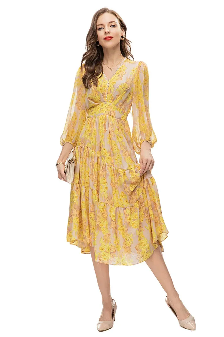 Lylah Vintage  Floral Print Midi Dress Women V Neck Beading Elastic Waist Irregular Ruffles Hem Dress