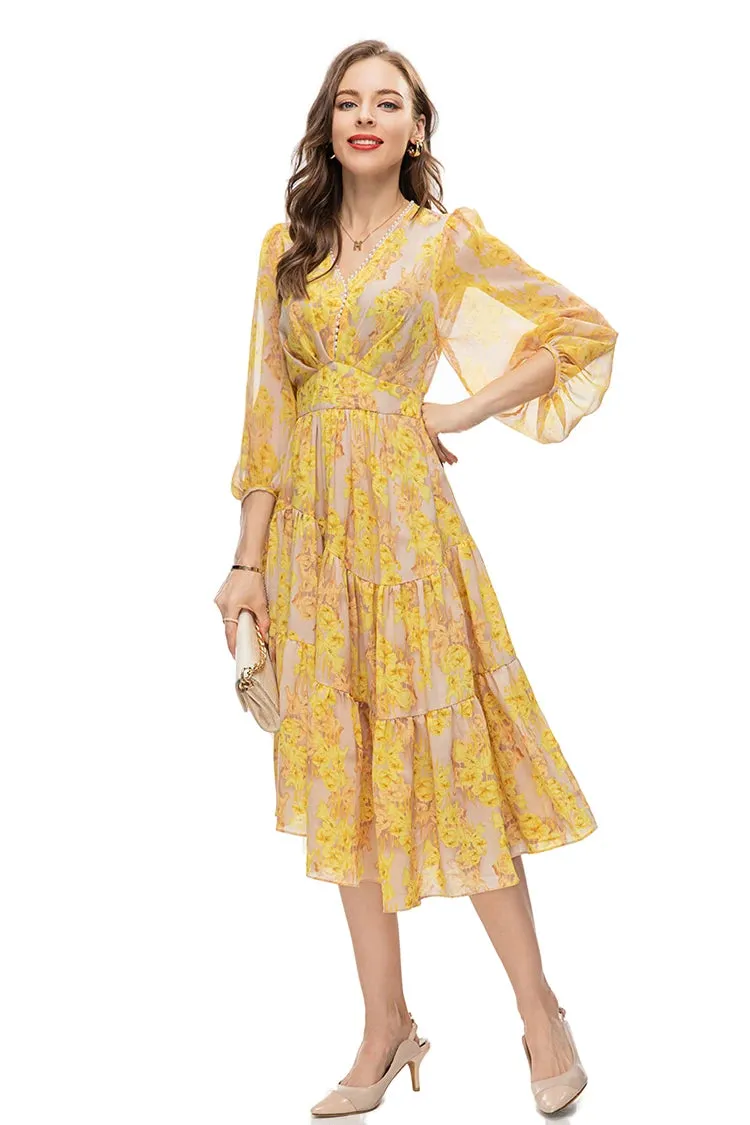 Lylah Vintage  Floral Print Midi Dress Women V Neck Beading Elastic Waist Irregular Ruffles Hem Dress