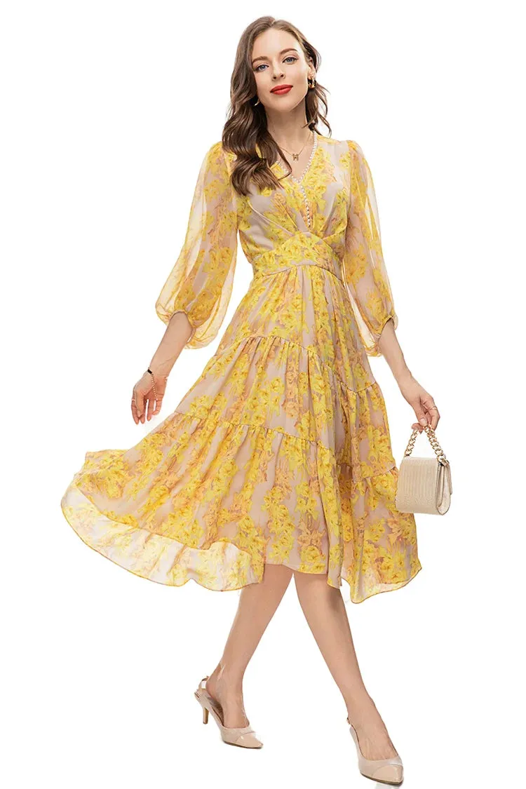 Lylah Vintage  Floral Print Midi Dress Women V Neck Beading Elastic Waist Irregular Ruffles Hem Dress