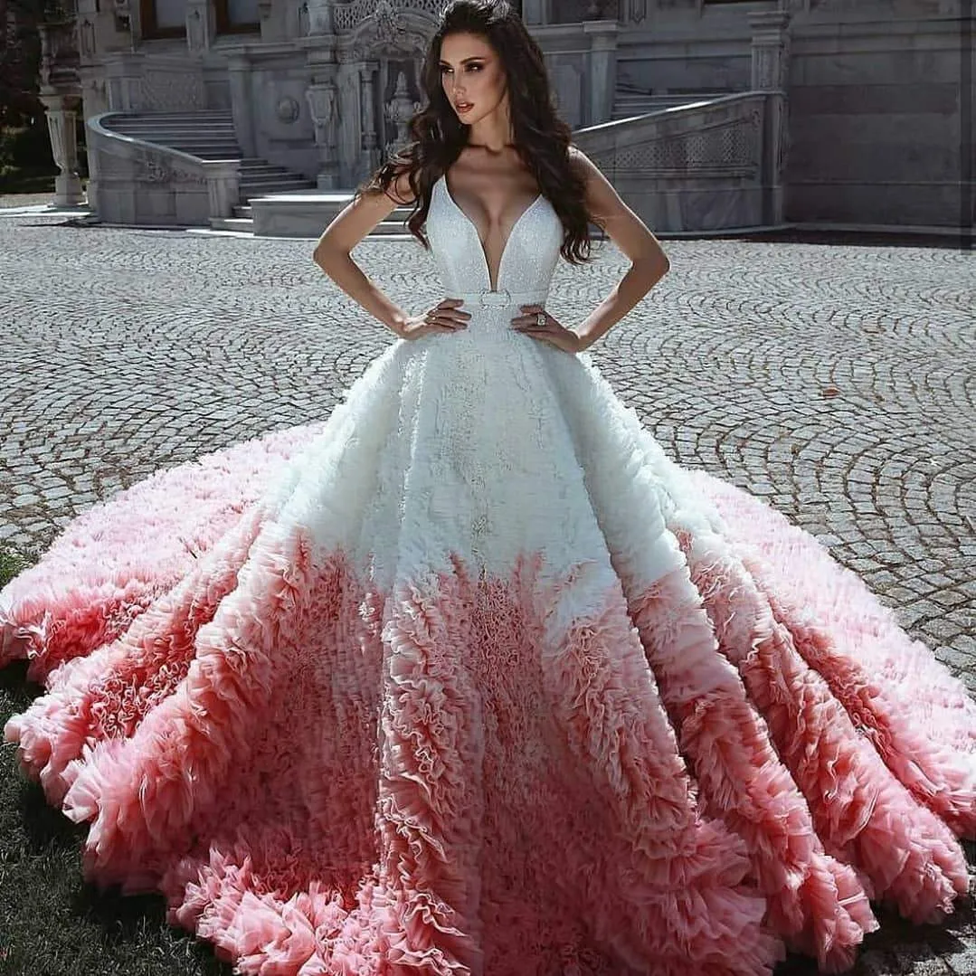 Magnificent Colorful Tulle Wedding Dresses Ruffled Royal Train