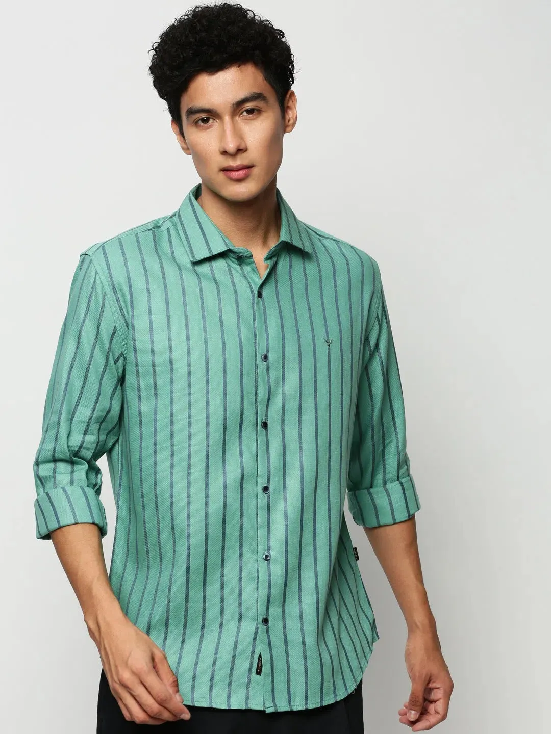 Men Green Striped Casual Casual Shirts-OAKSTRIPE-5634-Seagreen