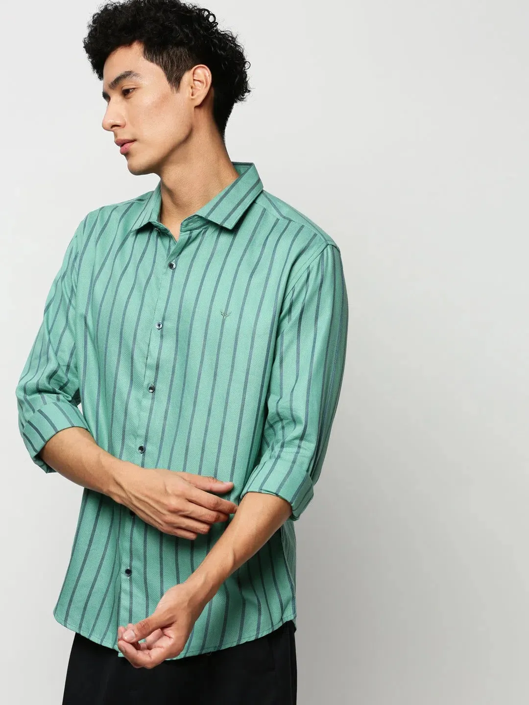 Men Green Striped Casual Casual Shirts-OAKSTRIPE-5634-Seagreen
