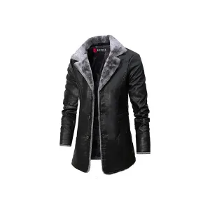Men's Fur Turn-Down Collar Leather Coat “ Premium Leather, Mid-Length, Buttoned Closure