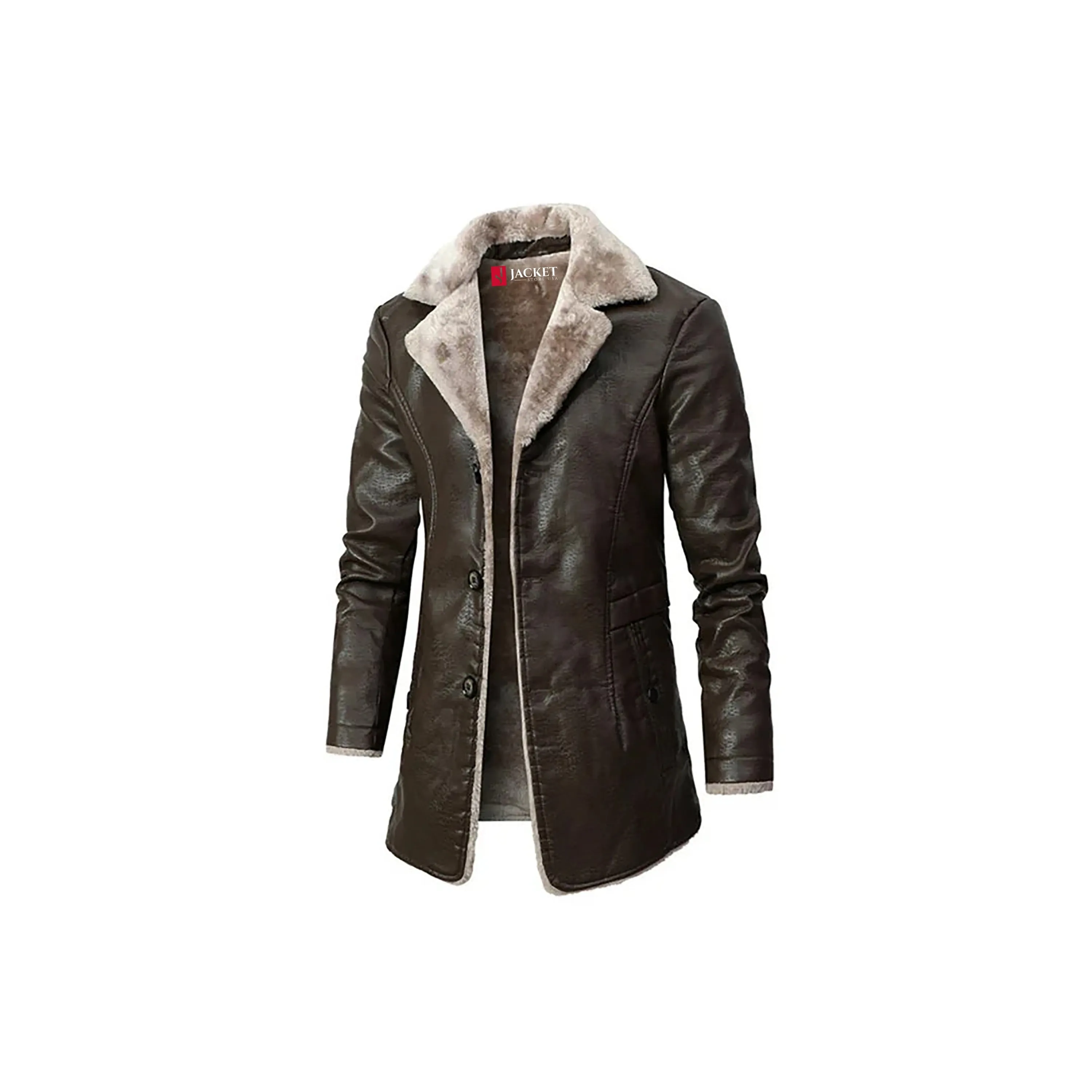 Men's Fur Turn-Down Collar Leather Coat “ Premium Leather, Mid-Length, Buttoned Closure