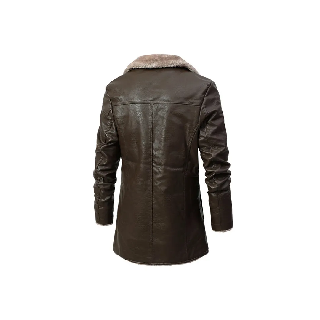 Men's Fur Turn-Down Collar Leather Coat “ Premium Leather, Mid-Length, Buttoned Closure