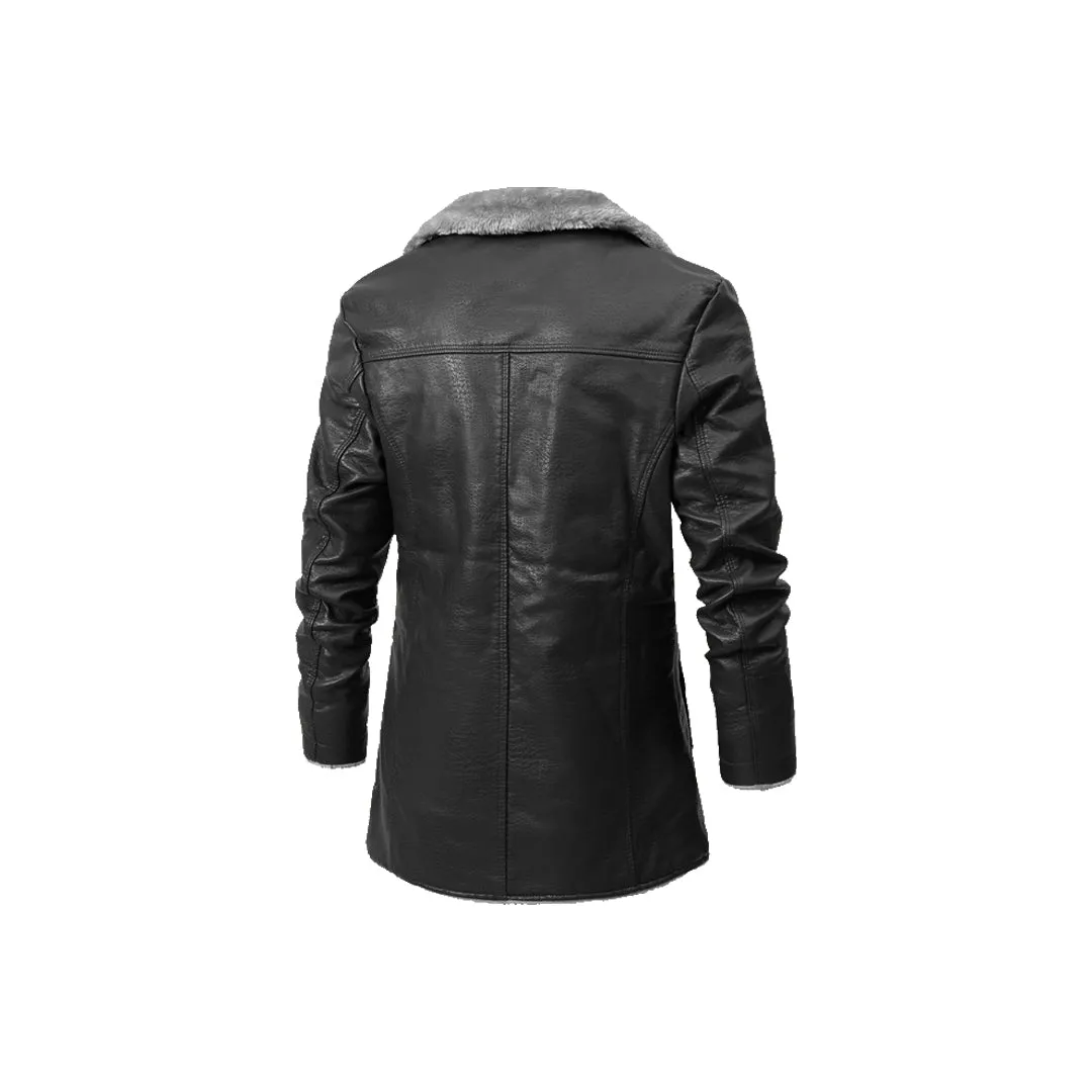 Men's Fur Turn-Down Collar Leather Coat “ Premium Leather, Mid-Length, Buttoned Closure