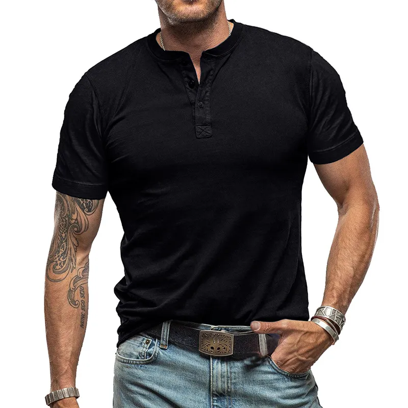 Men's Solid Color Crew Neck Short Sleeve Henley T-Shirt