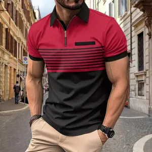 Men's Striped Zipper Short Sleeve Polo Shirt