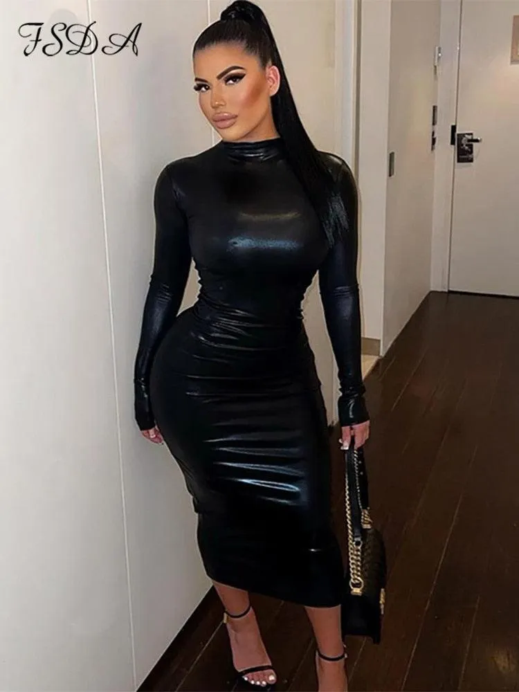 Midi Bodycon Turtleneck Long Sleeve PU Leather Dress - Sheath Silhouette, Slim Fit