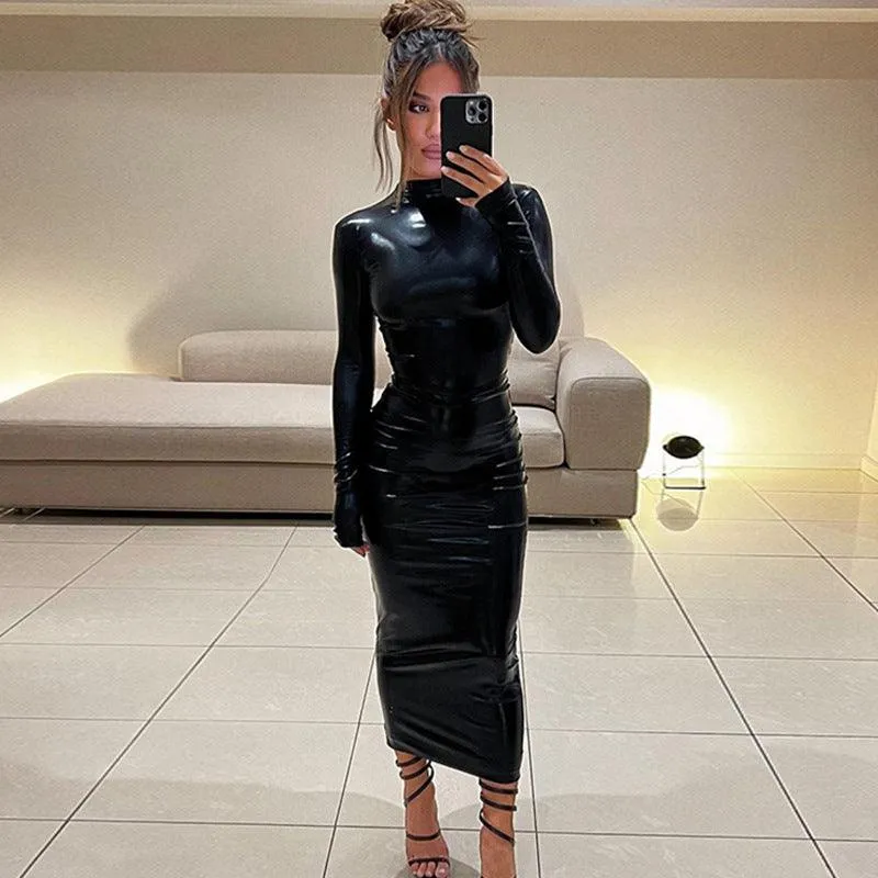 Midi Bodycon Turtleneck Long Sleeve PU Leather Dress - Sheath Silhouette, Slim Fit