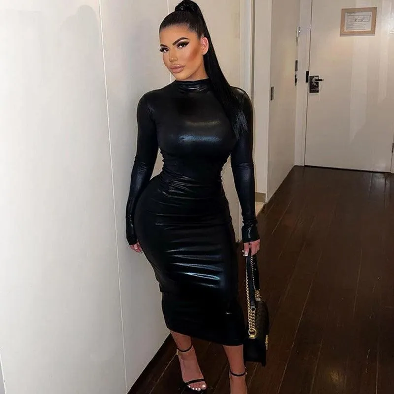 Midi Bodycon Turtleneck Long Sleeve PU Leather Dress - Sheath Silhouette, Slim Fit