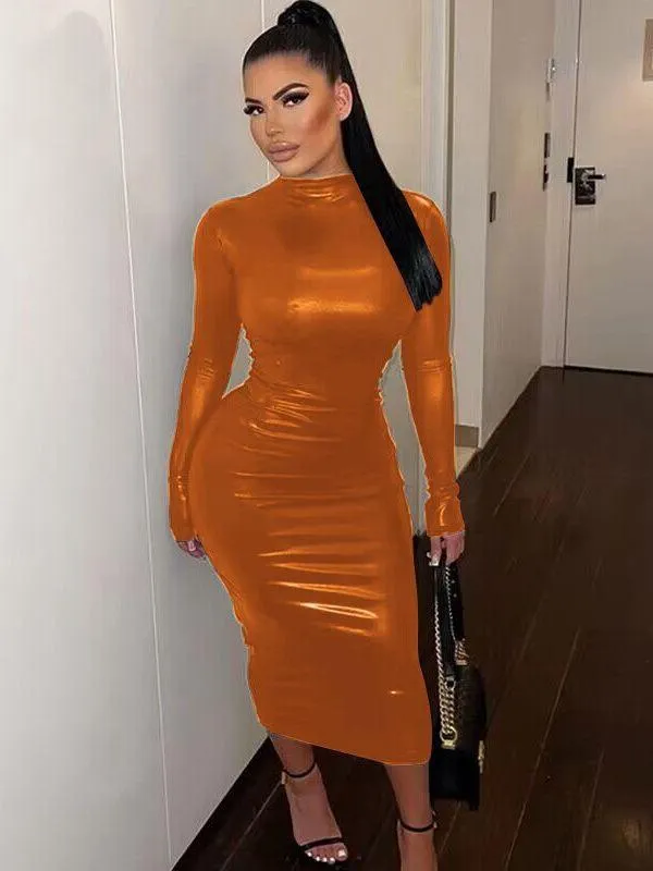 Midi Bodycon Turtleneck Long Sleeve PU Leather Dress - Sheath Silhouette, Slim Fit