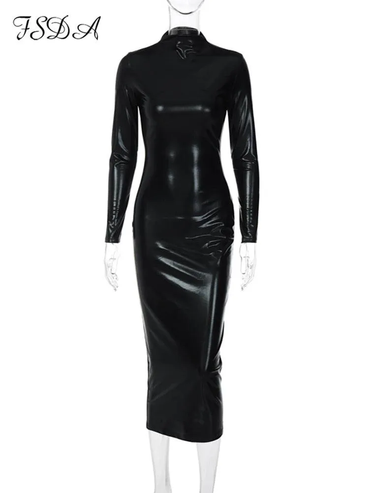 Midi Bodycon Turtleneck Long Sleeve PU Leather Dress - Sheath Silhouette, Slim Fit