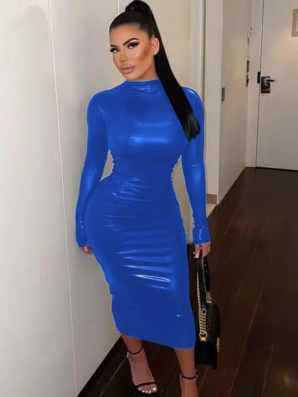 Midi Bodycon Turtleneck Long Sleeve PU Leather Dress - Sheath Silhouette, Slim Fit