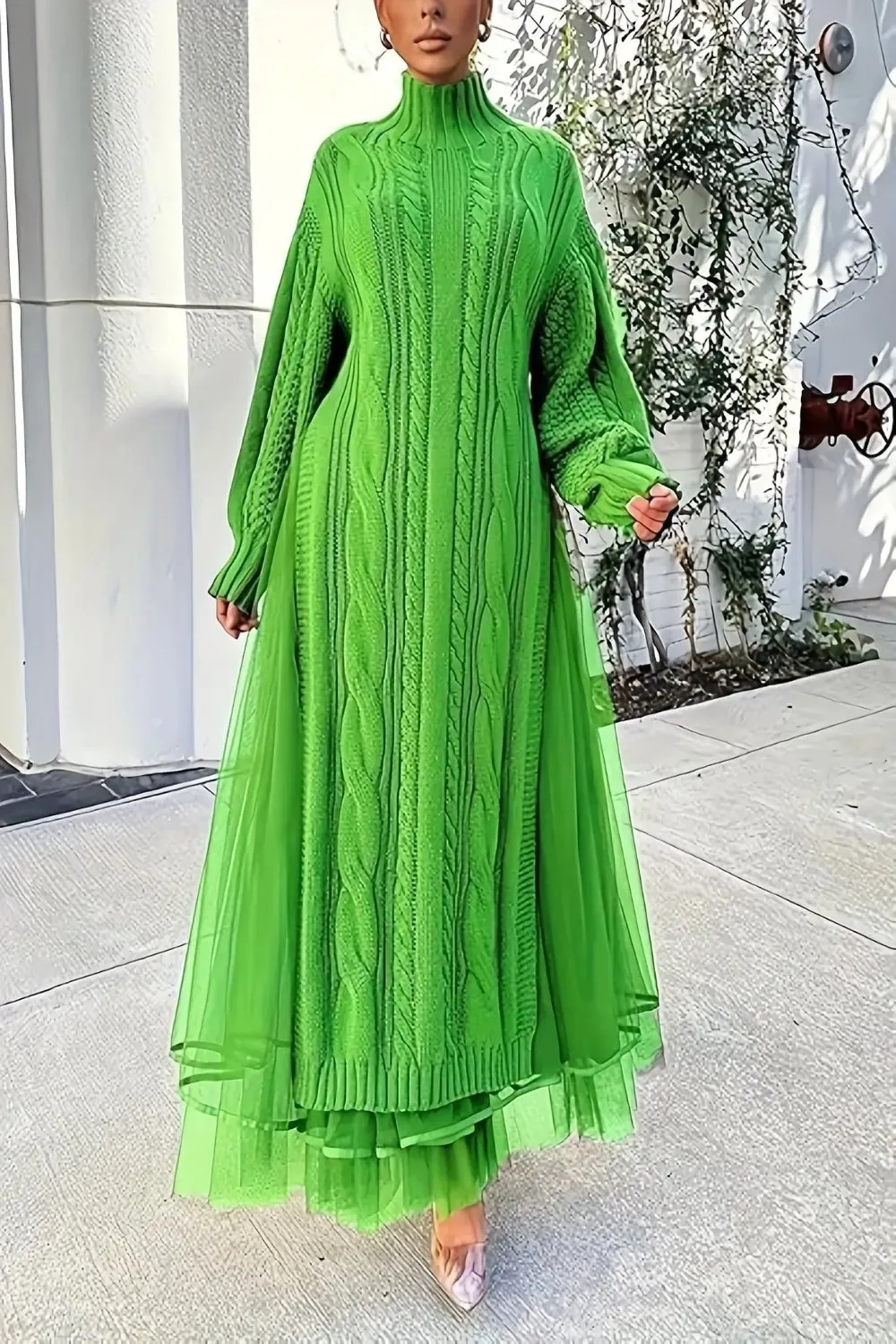 Mock Neck Sheer Layered Hem Sweater Dress