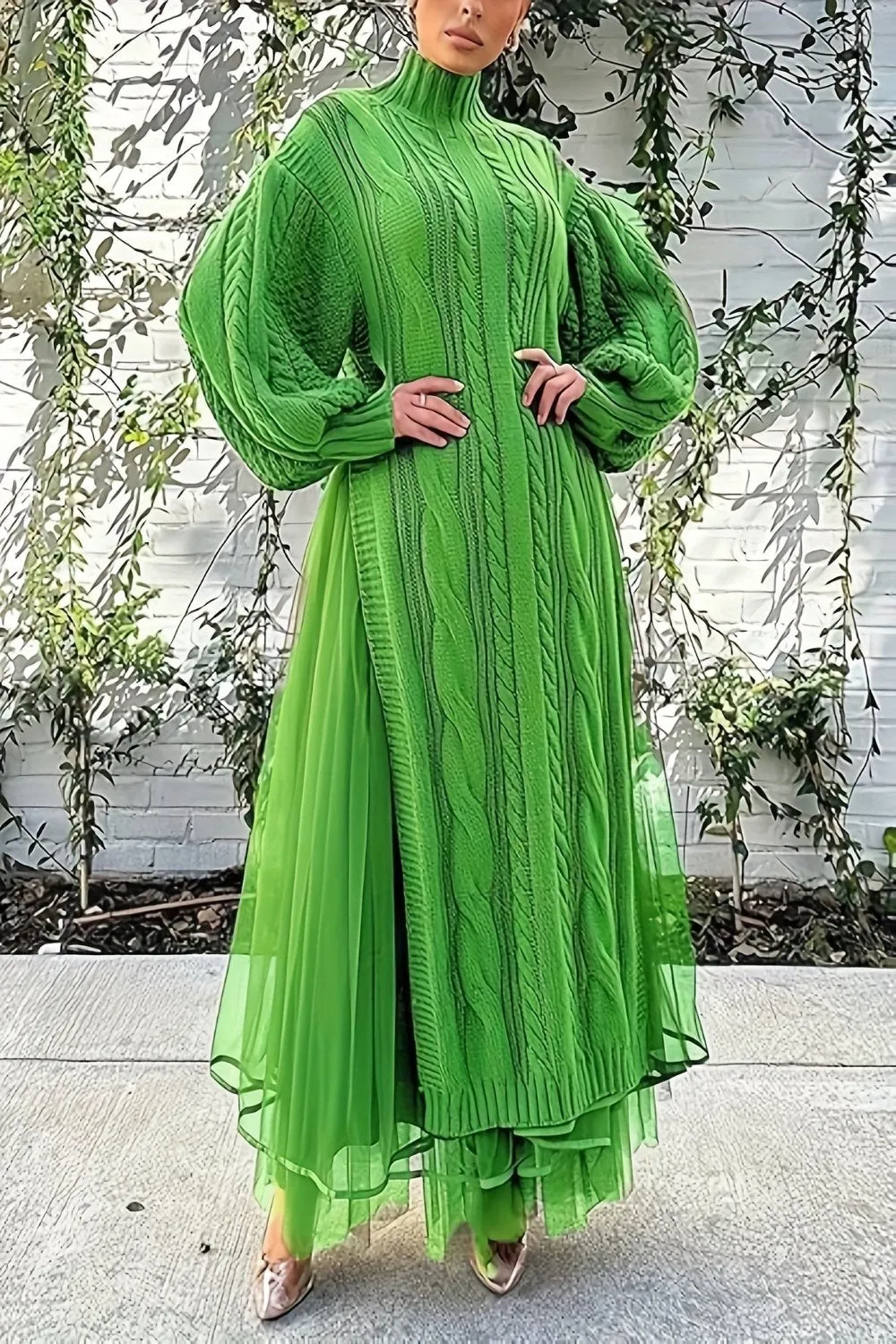 Mock Neck Sheer Layered Hem Sweater Dress