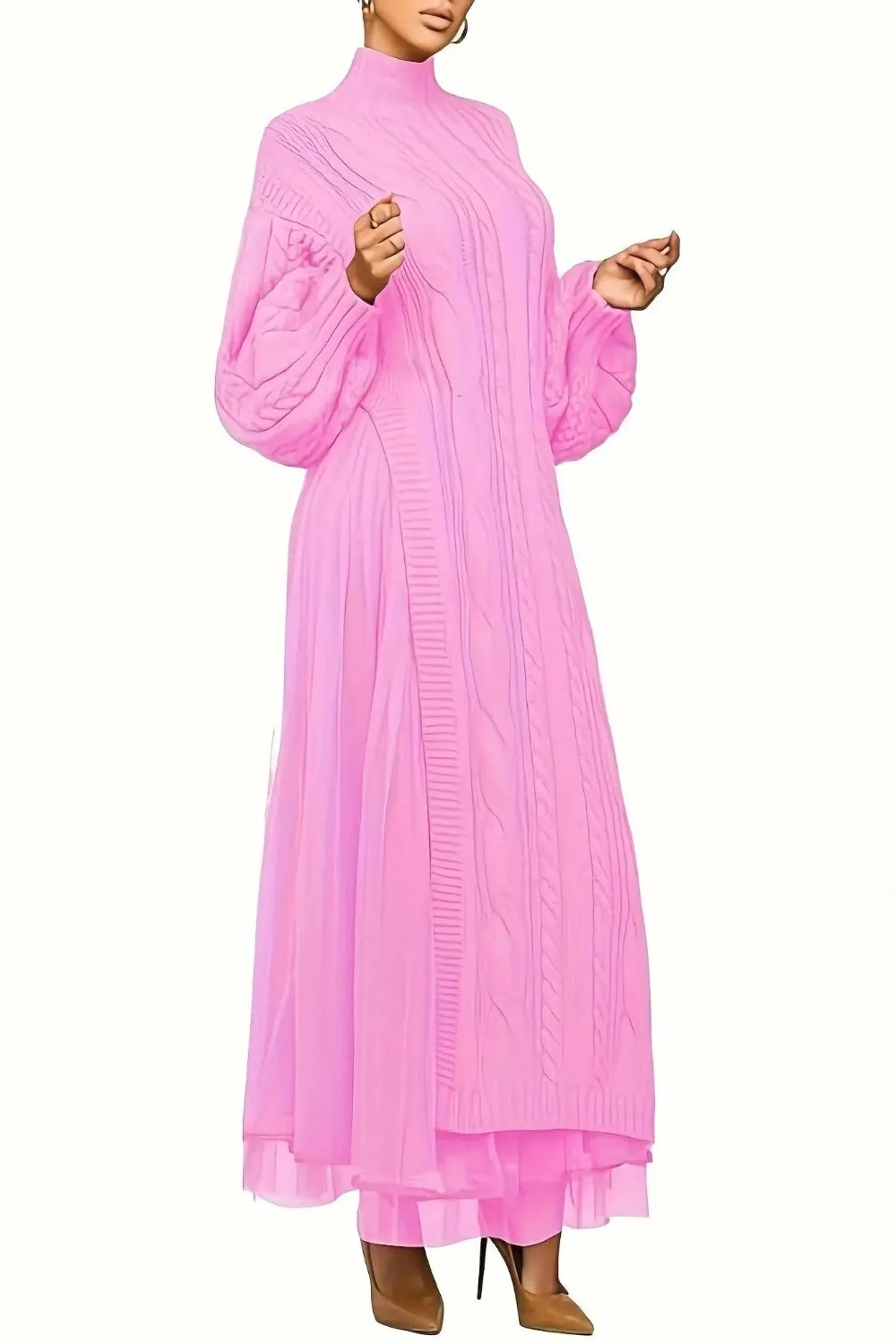 Mock Neck Sheer Layered Hem Sweater Dress