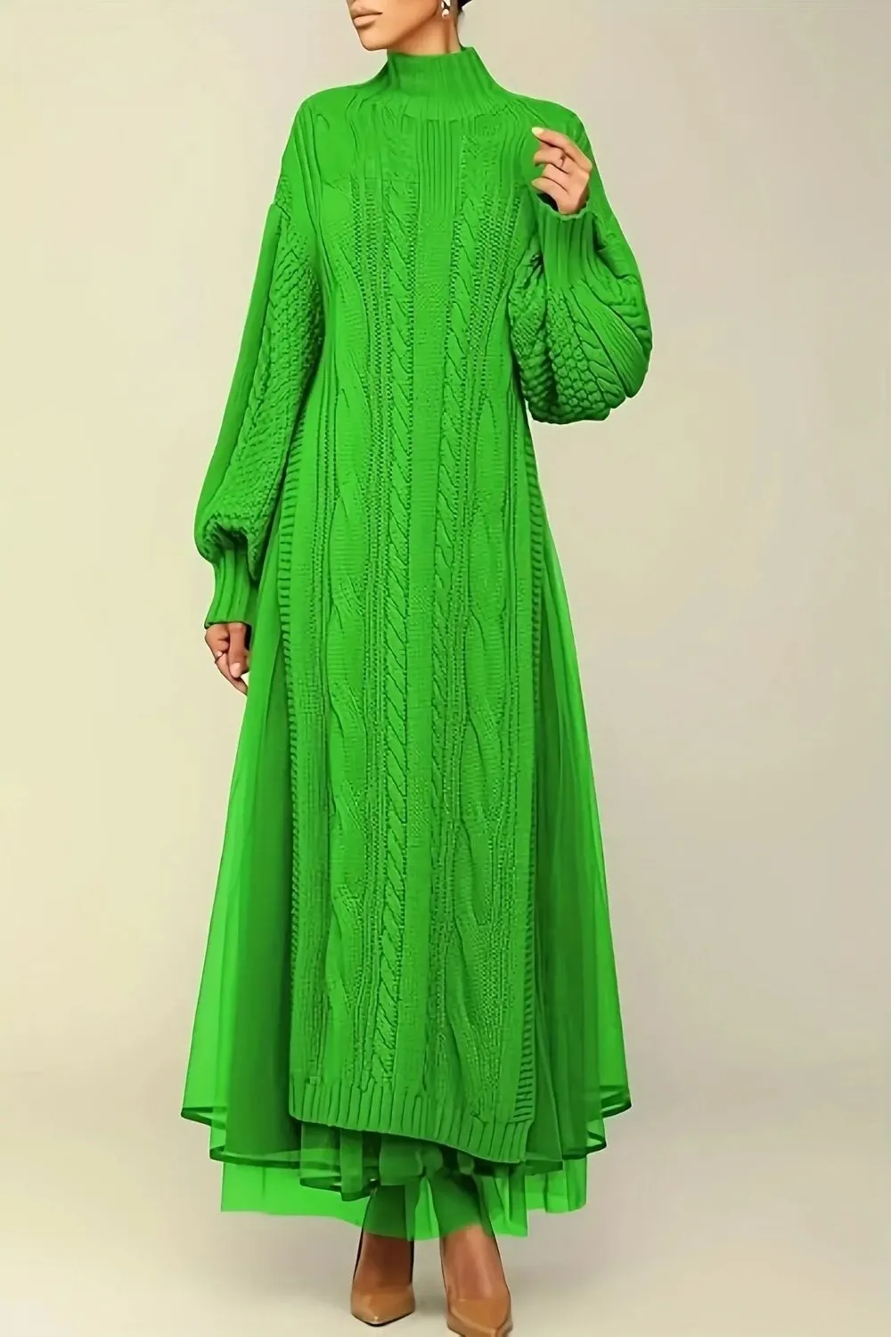 Mock Neck Sheer Layered Hem Sweater Dress