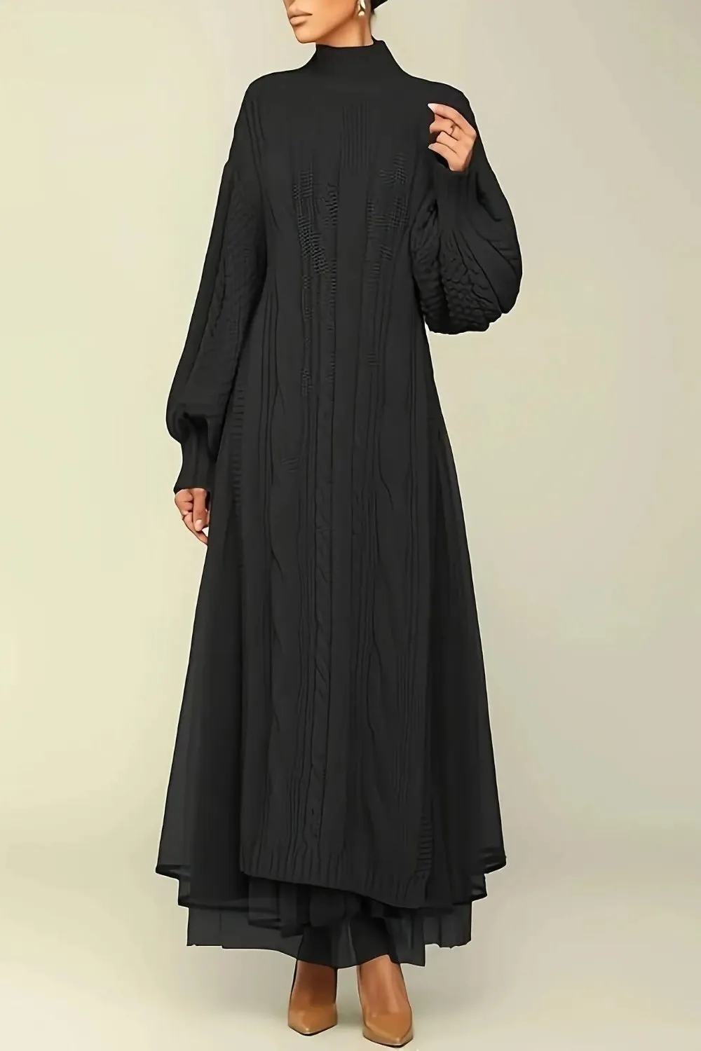 Mock Neck Sheer Layered Hem Sweater Dress