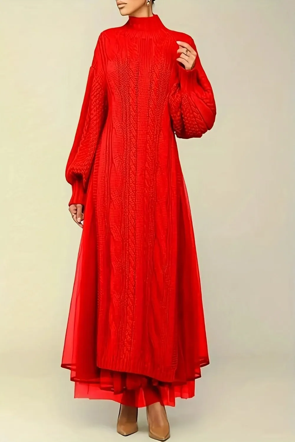 Mock Neck Sheer Layered Hem Sweater Dress