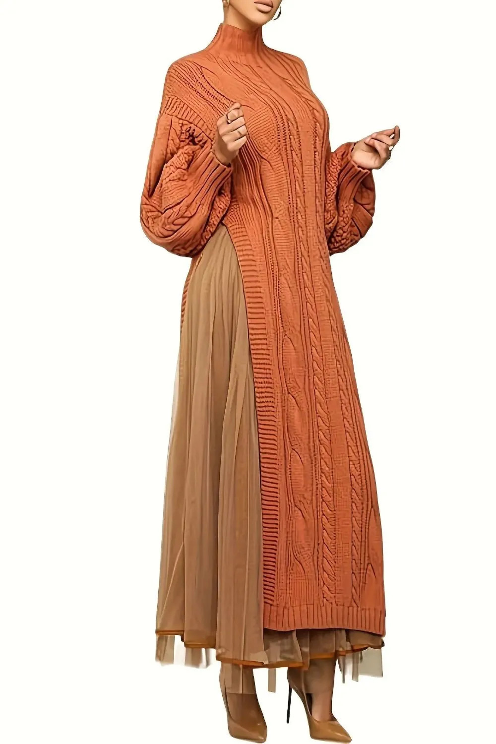 Mock Neck Sheer Layered Hem Sweater Dress