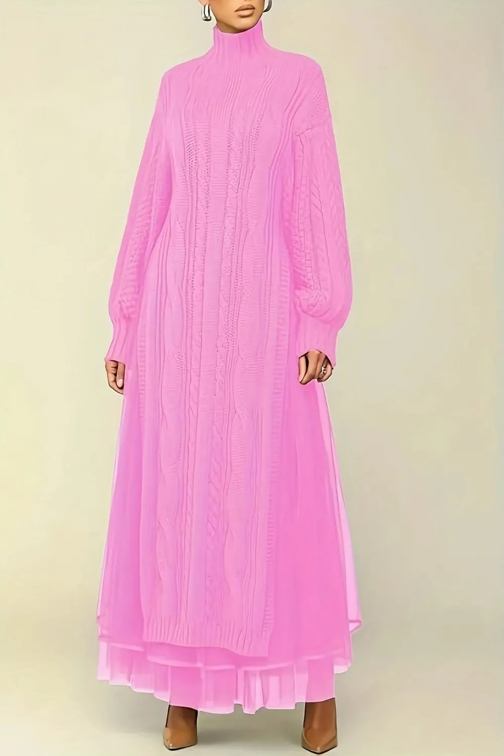 Mock Neck Sheer Layered Hem Sweater Dress