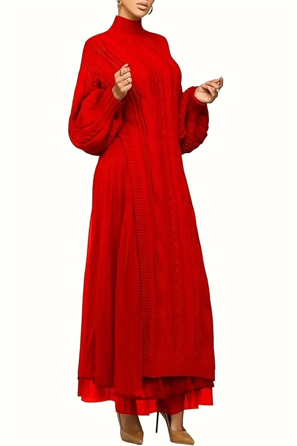 Mock Neck Sheer Layered Hem Sweater Dress